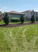 A row of newly planted Techny Arborvitae planted in a backyard berm.